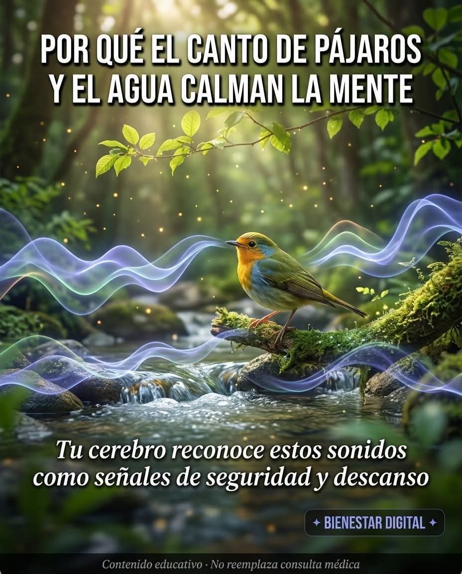 suaVe_teRNuRa's tweet photo. ---" PORQUE EL CANTO DE PAJAROS Y EL AGUA CALMAN LA MENTE? 

 ¿Alguna vez notaste que el sonido de un arroyo

-  la lluvia suave o el canto de los pájaros te relaja casi de inmediato? 

- No es tu imaginación ni una simple preferencia...

- Tu cerebro está programado para responder así.

- Durante miles de años, el ser humano vivió rodeado de naturaleza, y aprendió a asociar

-  ciertos sonidos con seguridad.

El canto de los pájaros solía significar que no había peligro cercano, porque las aves callan

- cuando presienten amenazas.

El sonido del agua limpia significaba vida y descanso.

- Aunque hoy vivamos en ciudades, ese antiguo instinto sigue grabado en nosotros...

- Cuando escuchas esos sonidos naturales,
tu sistema nervioso interpreta que todo está
- en calma y baja el estado de alerta.

El corazón se tranquiliza, la respiración se
-  vuelve más pausada y la mente afloja. 

- Estudios recientes han observado que escuchar cantos de pájaros o sonidos de agua ayuda a
-  reducir la sensación de estrés y a mejorar la concentración, incluso cuando se escuchan
 en grabaciones...

- Lo contrario ocurre con el ruido constante del tráfico o las máquinas, que mantienen al cuerpo
- en tensión sin que lo notemos...

- Lo mejor es que no necesitas viajar lejos para aprovecharlo.

- Puedes acercar un poco de naturaleza sonora
a tu día a día...

■ Formas sencillas de explorarlo:

• Sal a caminar a un parque y escucha conscientemente los pájaros unos minutos. 

• Pon sonidos de lluvia, arroyo o naturaleza mientras trabajas o antes de dormir. 

• Abre la ventana temprano para escuchar el amanecer natural.

- A veces, calmar la mente es tan simple

" Como escuchar de verdad"...

Créditos al autor 

Esperanza Ojeda