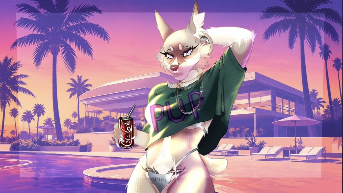 EmmaJanesdz's tweet photo. Vice City vibes hit different. 🌴☀️ Neon skies, poolside dreams, and endless summer energy.

#GTA6 #ViceCity #FurryArt #DigitalArt #SummerVibes https://t.co/RaCWfGzHPF