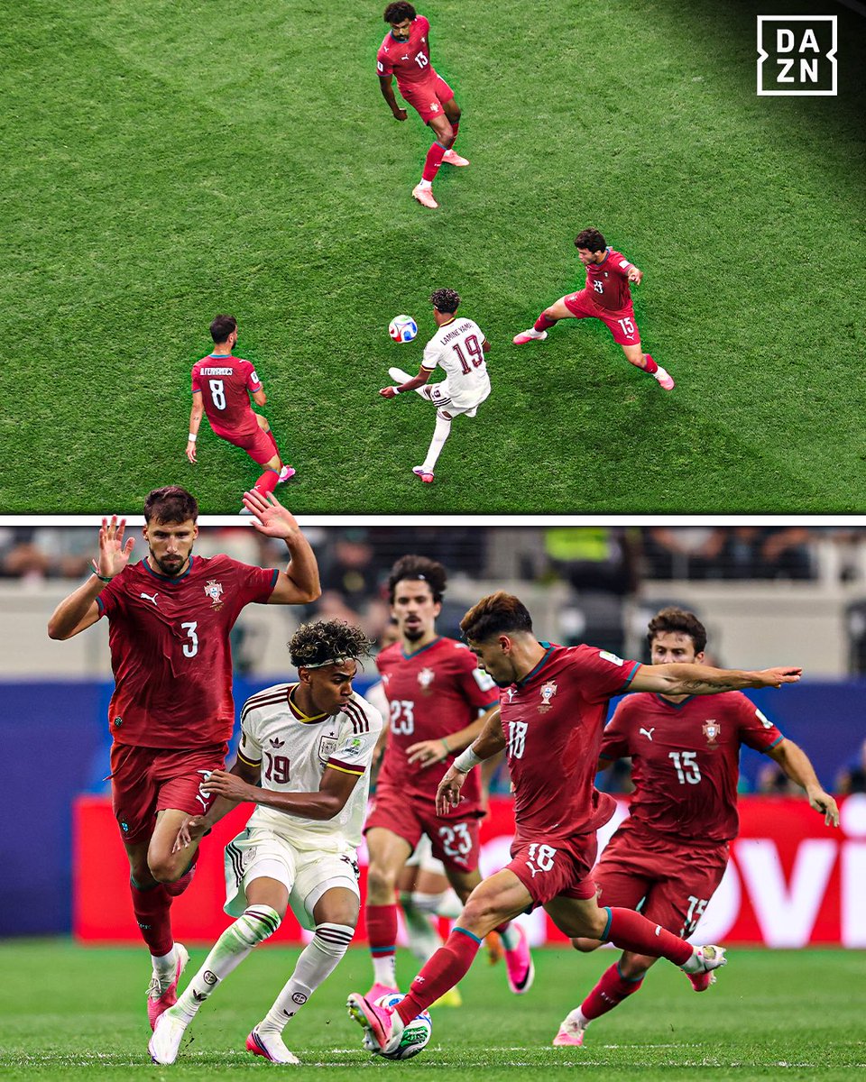 DAZNFutbol's tweet photo. EL MARCAJE DE TRES SOBRE LAMINE YAMAL 🌟🇪🇸

#DAZNMundial #FIFAWorldCup https://t.co/j4LCkowVwp