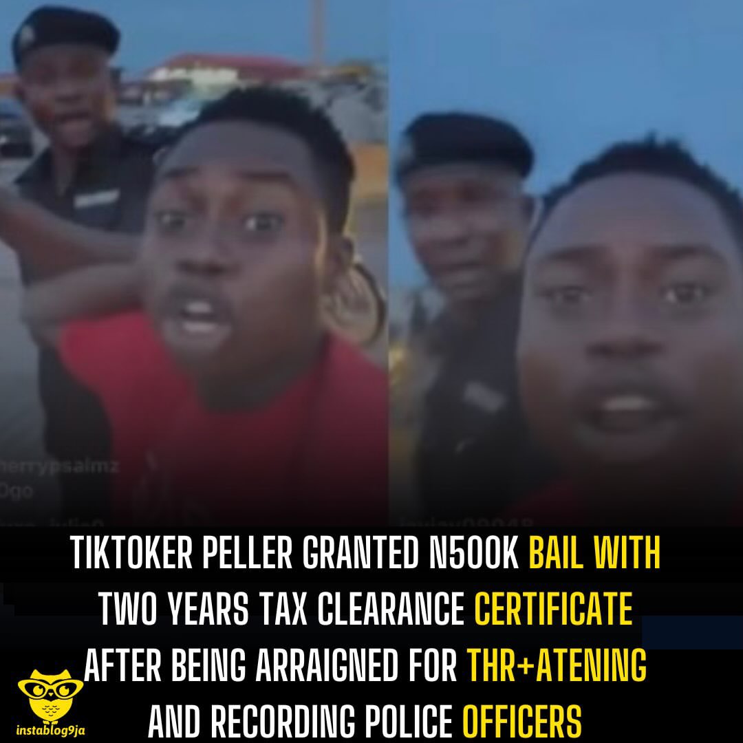 instablog9ja's tweet photo. TikToker Peller granted N500k bail with two years tax clearance certificate after being arraigned for thr+atening and recording police officers

Popular TikToker Habeeb Hamzat, popularly known as Peller, and his associate, Bello Oladipo, have been arraigned before a Lagos Magistrate Court over their confrontation with police officers on Lagos’ Coastal Road.

The duo appeared in court on Sunday, July 6, on a three-count charge bordering on allegedly resisting public officers, obstructing them from carrying out their lawful duties, and thr+atening and recording police officers while they were on duty.

The charges stem from an incident on July 2 after Peller was intercepted by police for allegedly driving a vehicle without a number plate. Peller had insisted he had just purchased the car, while the officers maintained he had to accompany them to the station. 

The situation escalated after the TikToker began filming the encounter, later alleging that officers became hostile, dr@gged his shirt and pointed a g¥n at him.

According to the charge sheet, the defendants allegedly conspired to resist public officers, an offence punishable under Section 411 of the Criminal Laws of Lagos State 2015. They were also accused of obstructing ASP Agbede Victor and three other officers in the discharge of their duties, contrary to Section 117(1)(2) of the state’s criminal laws.

The third count alleged that the pair “did unlawfully conduct yourselves in a manner likely to cause breach of public peace by thr+atening and videoing police officers while performing their lawful duties and thereby committed an offence p¥nishable under Section 168 (a) & (d) of the Criminal Laws of Lagos State 2015.”

Both defendants pleaded not guilty to all three counts.

The court subsequently granted them bail in the sum of N500,000 each with two sureties, one of whom must be a bl++d relative. The court also directed them to present two years’ tax clearance certificates as part of their bail conditions.
