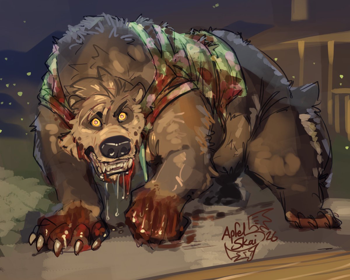 kodeeak's tweet photo. ⚠️Beware of were bears⚠️ Koda's gone wild and ravenous. There's still Koda behind those eyes somewhere, but it looks like he will soon give in to his bloodthirst.

1 hour sketch art from ApfelSkai.

🎨: @ApfelSkai (more active on BlueSky)

#TF #TFeveryday #furry #furryart https://t.co/o6R15sZaW1
