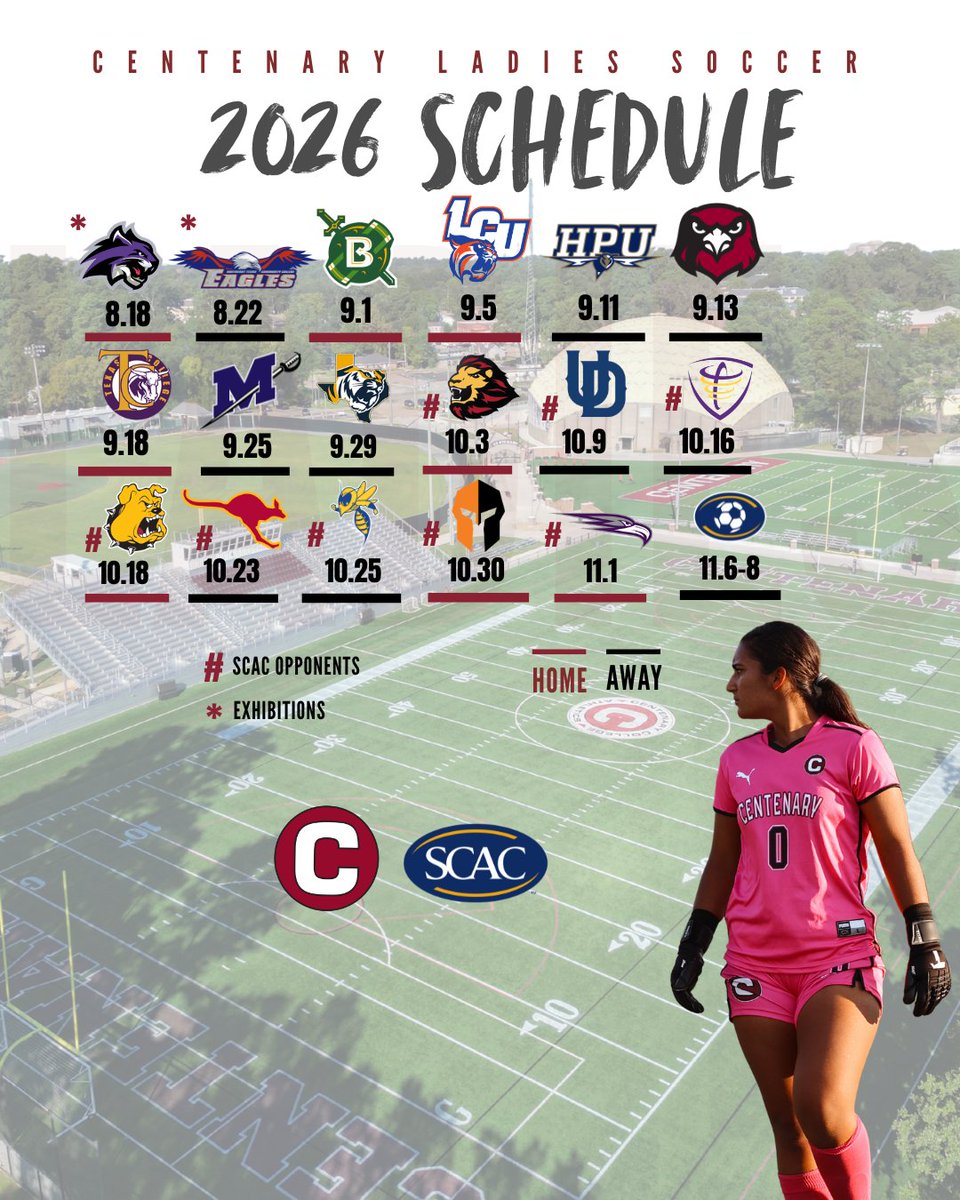 GoCentenary's tweet photo. ⚽ 2026 schedule locked in for Centenary women’s soccer!

The Ladies are set for a competitive fall slate of non-conference and SCAC action.

Season opener: Sept. 1 vs Belhaven at Atkins Field.

Read more on https://t.co/WGHrACgNIQ

#GoCentenary #CTheOpportunity https://t.co/oUPO7Q4eX9