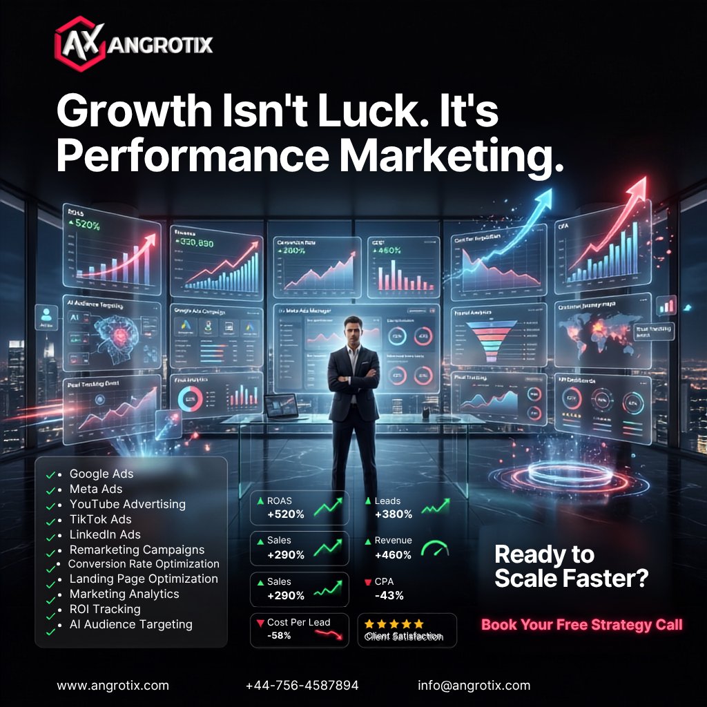 angrotix's tweet photo. Stop paying for clicks that don’t convert. Our Performance Marketing experts build AI-powered campaigns that generate qualified leads, increase conversions, maximize ROI.

#angrotix #PerformanceMarketing #MetaAds #GoogleAds #marketingstrategy #growthmarketing https://t.co/Qrxacd6MGG