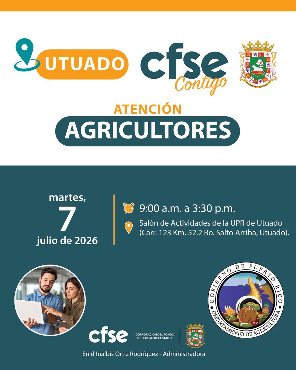 cfsepr's tweet photo. 📍 #Utuado: ¡Atención agricultores de la región de Arecibo! 
Personal de la CFSE y El Departamento de Agricultura te ayudarán con la renovación de tu póliza:
🗓️ Martes, 7 de julio de 2026
⏰ 9:00 a.m. - 3:30 p.m.
📍 Salón de Actividades, UPR de Utuado
¡Te esperamos! https://t.co/oEkz5vbAdP
