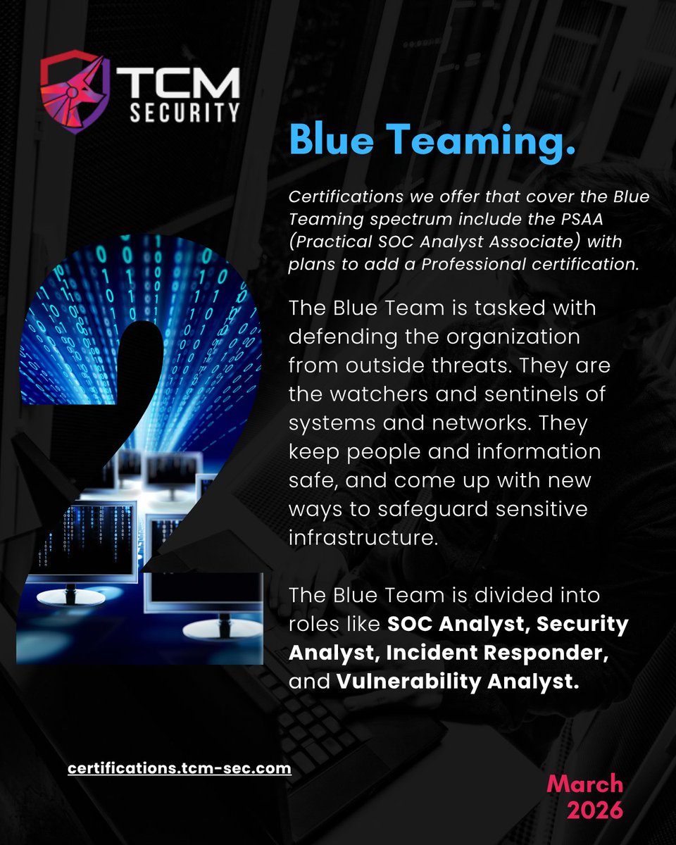TCMSecurity's tweet photo. Red, Blue, or Purple: which team calls to you? 🔴🔵🟣

If you're figuring out your #cybersecurity path, here's the quick version:

🔴 𝗥𝗲𝗱 𝗧𝗲𝗮𝗺: you love breaking things (ethically). #pentesting, red team ops, exploit development.

🔵 𝗕𝗹𝘂𝗲 𝗧𝗲𝗮𝗺: you're the protector. SOC analysis, incident response, keeping the bad guys out.

🟣 𝗣𝘂𝗿𝗽𝗹𝗲 𝗧𝗲𝗮𝗺: you want both worlds. Red and Blue working together to level up security for everyone.

Wherever you land, we have certifications built for your path: PNPT, PSAA, and PMRP. And they're all 20% off through July 15th! https://t.co/TeA5sNBcsM