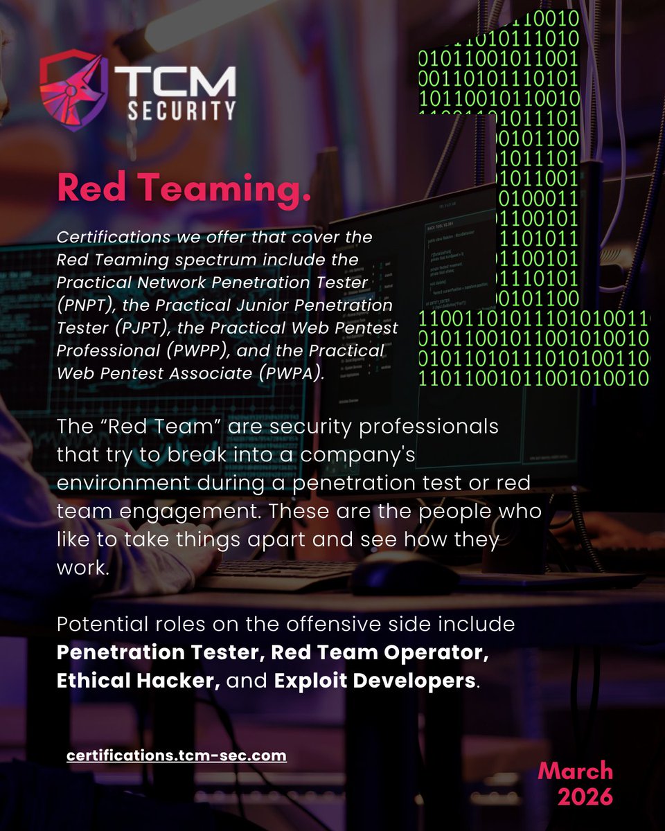TCMSecurity's tweet photo. Red, Blue, or Purple: which team calls to you? 🔴🔵🟣

If you're figuring out your #cybersecurity path, here's the quick version:

🔴 𝗥𝗲𝗱 𝗧𝗲𝗮𝗺: you love breaking things (ethically). #pentesting, red team ops, exploit development.

🔵 𝗕𝗹𝘂𝗲 𝗧𝗲𝗮𝗺: you're the protector. SOC analysis, incident response, keeping the bad guys out.

🟣 𝗣𝘂𝗿𝗽𝗹𝗲 𝗧𝗲𝗮𝗺: you want both worlds. Red and Blue working together to level up security for everyone.

Wherever you land, we have certifications built for your path: PNPT, PSAA, and PMRP. And they're all 20% off through July 15th! https://t.co/TeA5sNBcsM