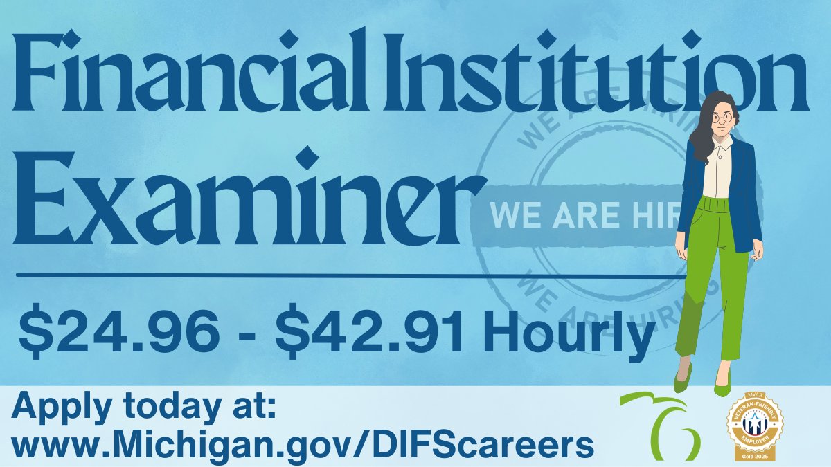 MIDIFS's tweet photo. DIFS is hiring a Financial Institution Examiner in the Office of Insurance Evaluation. This position is responsible for monitoring and examining the condition of insurance companies in Michigan. Apply by 7/9/2026. https://t.co/aZPEp9uLBD #MiGovJobs https://t.co/XasABoEvWa