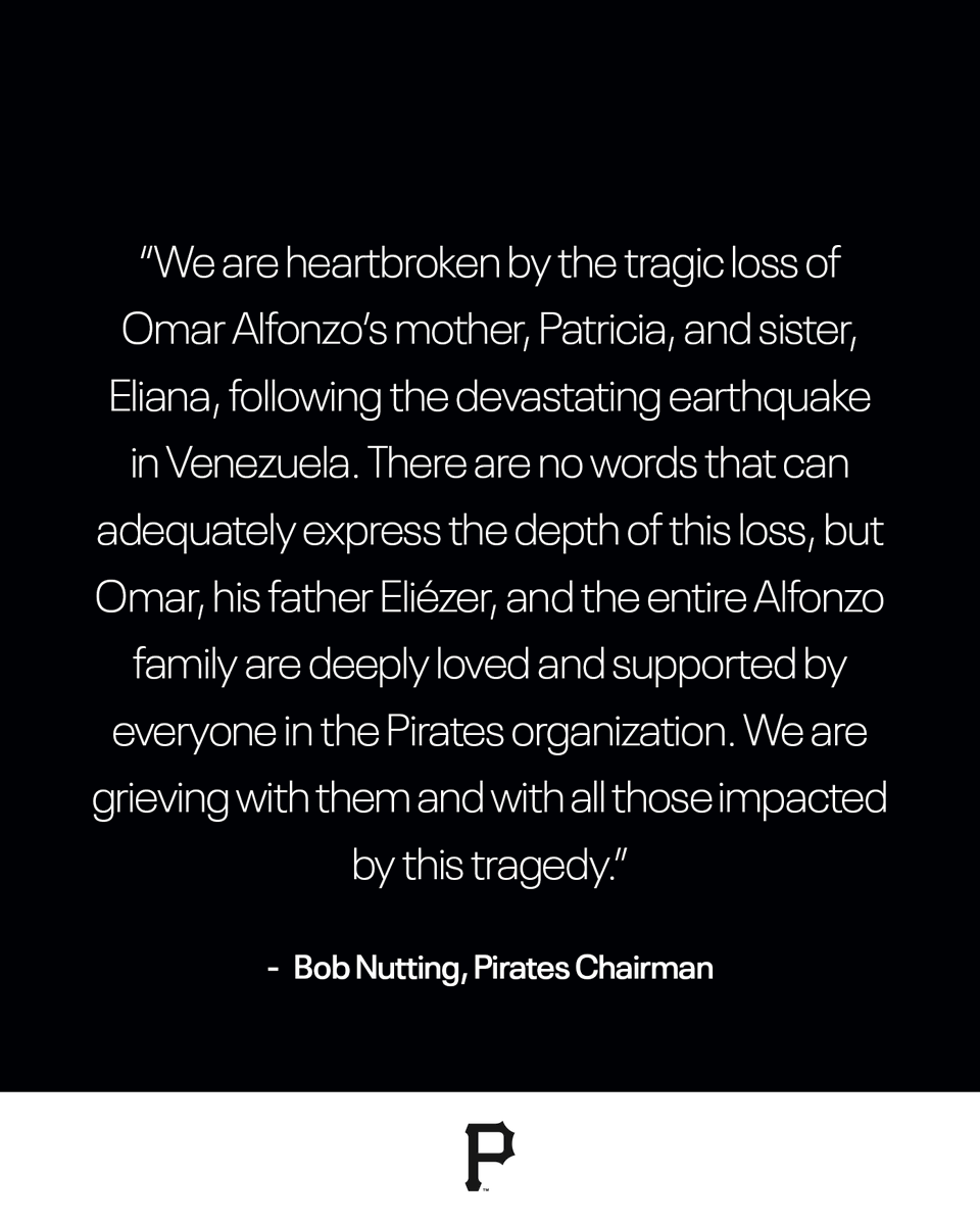 Pirates's tweet photo. Our hearts and thoughts are with Pirates prospect Omar Alfonzo and his family and all of those impacted by the tragedy in Venezuela. 🇻🇪 🖤💛 https://t.co/P158RMaMPW