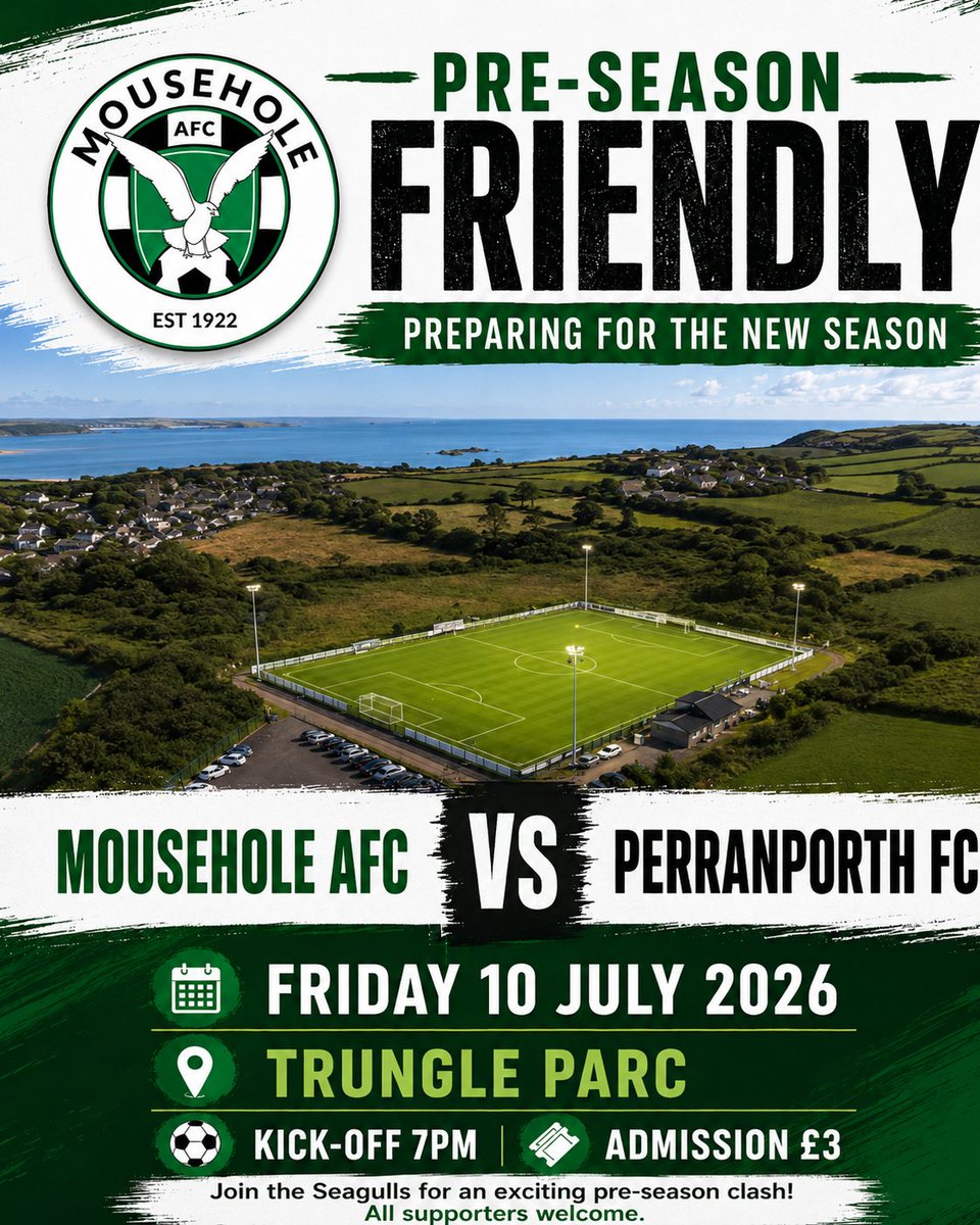 MouseholeAFC's tweet photo. Pre-season football returns to Trungle Parc this Friday as we welcome Perranporth FC 🟢⚪️

Join us on Friday 10th July for an evening under the lights as we continue preparations for the new season.

📍 Trungle Parc
🕖 Kick-off: 7pm
🎟️ Admission: £3

All supporters welcome! https://t.co/d3Zj0tgUqV