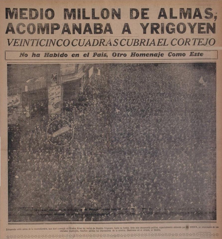 REAndradeOk's tweet photo. 🧵[HISTORIA] Así como nos conmovió la multitud que despidió a Carlos Alberto Indio Solari… Un día como hoy, en 1933, tras tres días de velatorio, más de 500 mil personas acompañaron el féretro de Hipólito Yrigoyen, desde su última morada, en Sarmiento al 800, hasta el cementerio https://t.co/e3m4HsxtR6