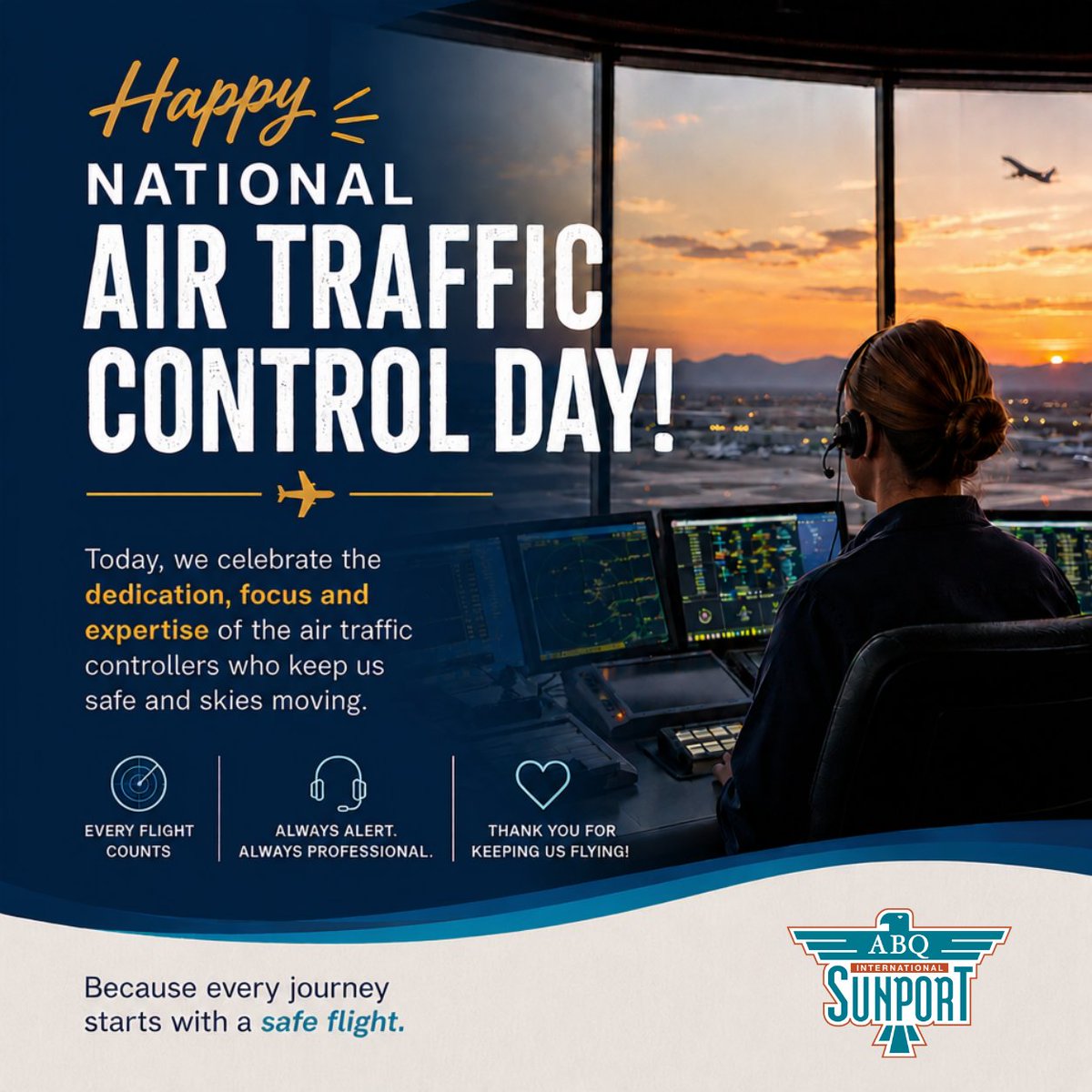ABQSunport's tweet photo. Today we celebrate the professionals who keep our skies safe.✈️On National Air Traffic Control Day, we extend our sincere thanks to the dedicated air traffic controllers who work around the clock to safely guide thousands of flights every day. 👏👏👏👏 https://t.co/uLdog3akwD