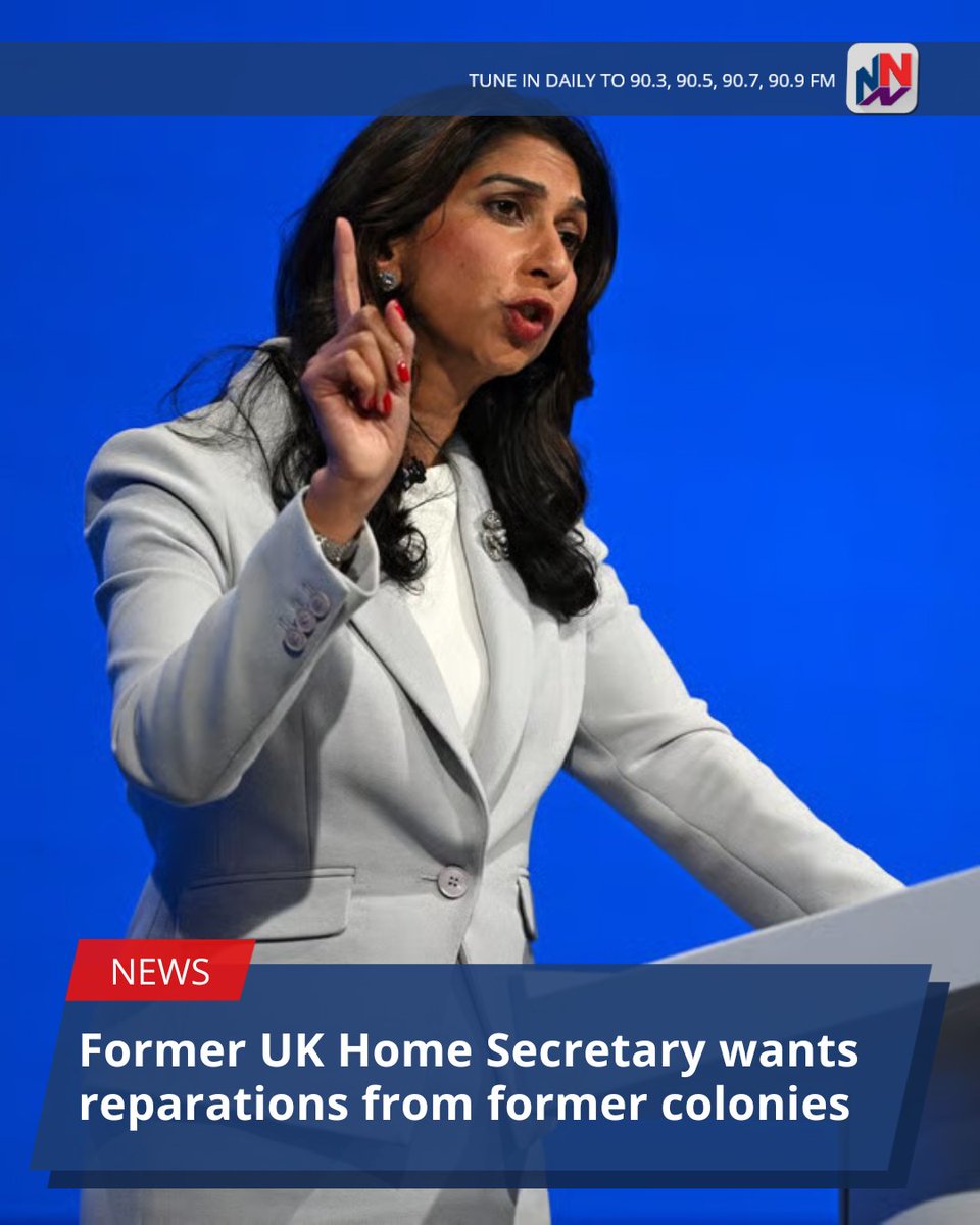 NationwideRadio's tweet photo. A former British Home Secretary is suggesting that former British colonies pay reparations to the UK, and not the other way around.

She is Suella Braverman, who served two separate stints in the role, one for a month in 2022 and the other for 13 months, from October 2022 to November 2023.

READ MORE HERE: https://t.co/JaPo90ANQO