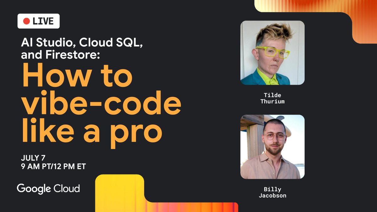 GoogleCloudTech's tweet photo. Vibe coding is the on-ramp to enterprise infrastructure.

Join us to see how AI Studio offers one-click integrations with Cloud SQL &amp; Firestore to solve the "Day 2" deployment problem + watch us vibe-code a live 3D multiplayer game → https://t.co/VVnNv49m3h https://t.co/76nweUbNUj