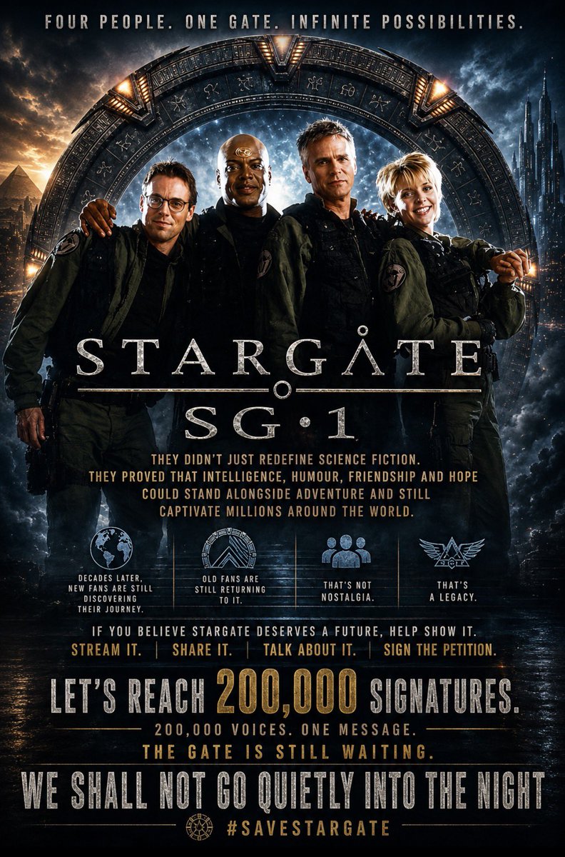 JamesBryhan's tweet photo. Four people.
One Gate.
A universe that changed television forever.

They didn’t just redefine science fiction. They proved that intelligence, humour, friendship and hope could stand alongside adventure and still captivate millions around the world.

Decades later, new fans are still discovering their journey. Old fans are still returning to it.

That’s not nostalgia.

That’s a legacy.

If you believe Stargate deserves a future, help show it.

Stream SG-1, Atlantis and Universe. Share them with someone who’s never seen them. Sign the petition. Keep the conversation alive.

Let’s reach 200,000 signatures. 200,000 voices.

The Gate is still waiting.

#SaveStargate
We shall not go quietly into the night.
