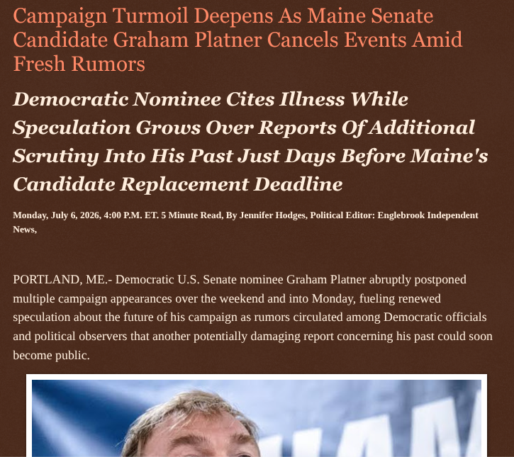 ArtFletcher9's tweet photo. Campaign Turmoil Deepens As Maine Senate Candidate Graham Platner Cancels Events Amid Fresh Rumors https://t.co/i45DQOw7aV via @Englebrooknews #Maine #AugustaME #Democrat #Senate #Candidate #Cancels #campaign #events @HRG_Media @LodiNJNews @fordmb1 @SarahGeving1 @Shannon96574094 @DanCook26214426 @Daytobehappy @janninereid1 @gator4kb18 @TrumpWasRite2 @KathyKbrose @RobGerundo @JimBobW49