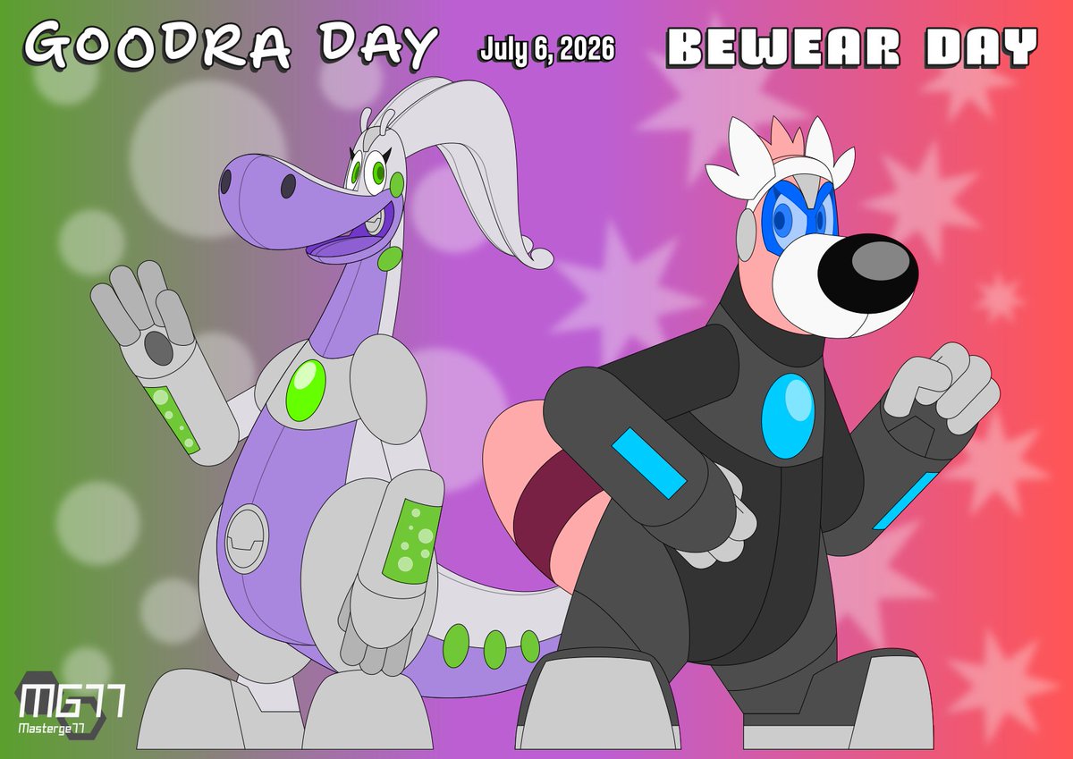 Masterge77's tweet photo. Today is Goodra Day and Bewear Day (June 6, 2026), so I drew my Goodra bot Lottie with my Bewear bot Magenta (or Maggie for short). Both are friends, so there's no real rivalry between them.

#Pokemon #PokemonOC #Robot #Goodra #GoodraDay #Bewear #BewearDay https://t.co/m9VtElwpMq