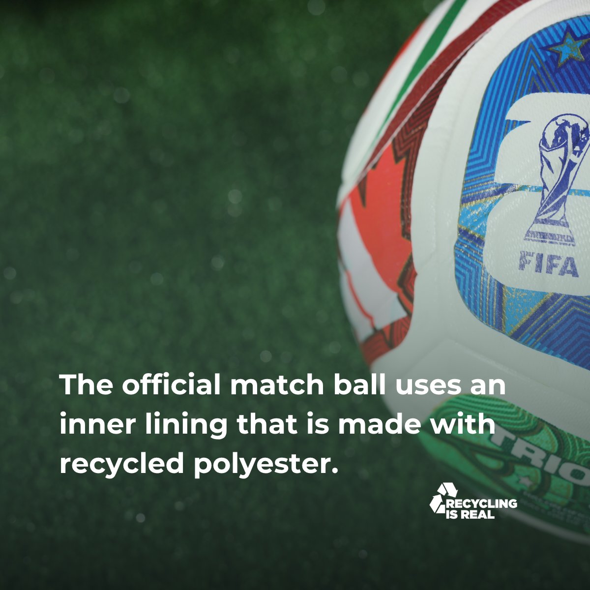 RecyclingisRe's tweet photo. Recycled plastic is playing a big role in the #WorldCup!

⚽ Adidas' Trionda ball - recycled polyester lining
🌱 Hybrid turf fields - recycled/bio-based synthetic fibers
👕 USA jersey - largely recycled polyester

How's plastic showing up in your watch party? 🇺🇸

#RecyclingisReal https://t.co/tkaQ8vL0pR