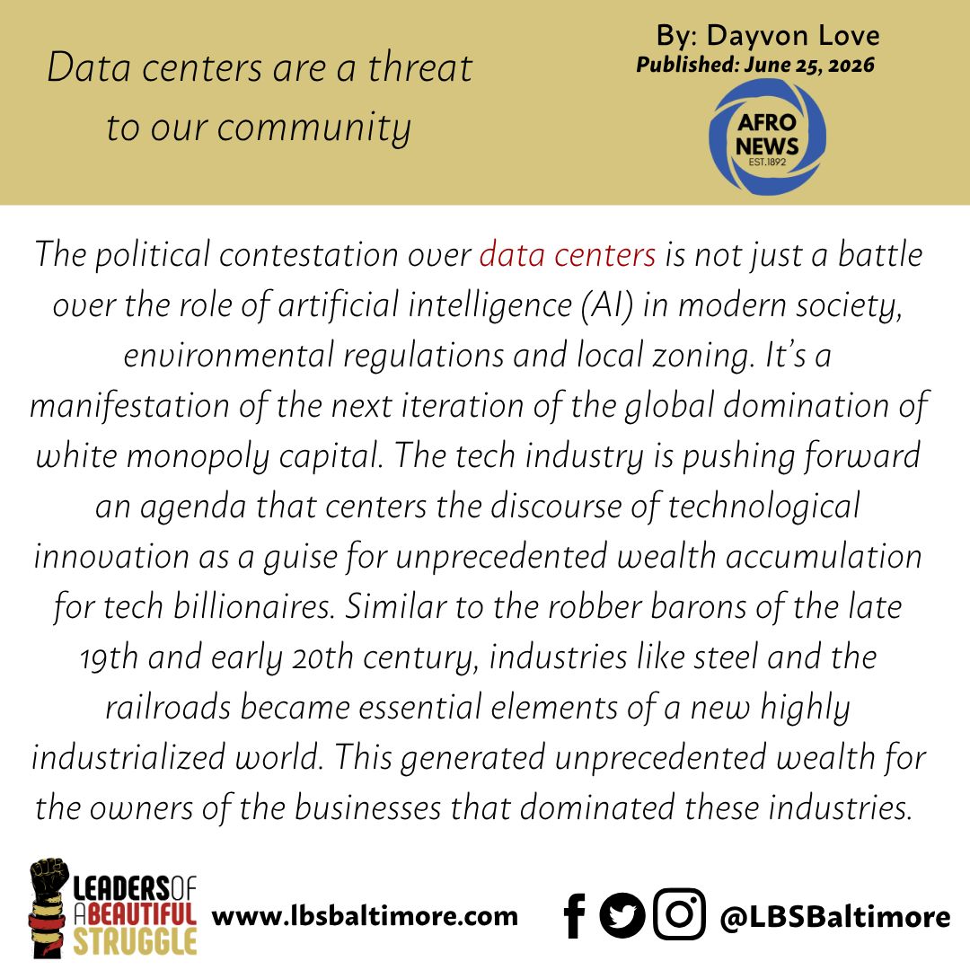 LBSBaltimore's tweet photo. In this op-ed, Dayvon Love, public policy director, discusses why data centers are harmful to the Black community. 

Read more @lbsbaltimore.com/datacenters
#LBSBaltimore https://t.co/0UmcX7EWgT