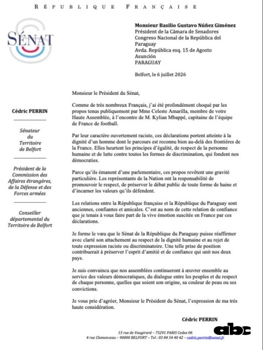 ABCDigital's tweet photo. 🇫🇷🚨 Cédric Perrin, presidente de la Comisión de Asuntos Exteriores del Senado francés, pidió explicaciones al Senado paraguayo por los dichos de la legisladora Celeste Amarilla sobre Kylian Mbappé y defendió el respeto y la dignidad humana.

⚠️Amarilla se refirió de manera despectiva hacia el futbolista, usando calificativos racistas. Fue después del partido en el que la Selección de Francia eliminó a Paraguay del Mundial 2026.

https://t.co/QhRvCFbNHb