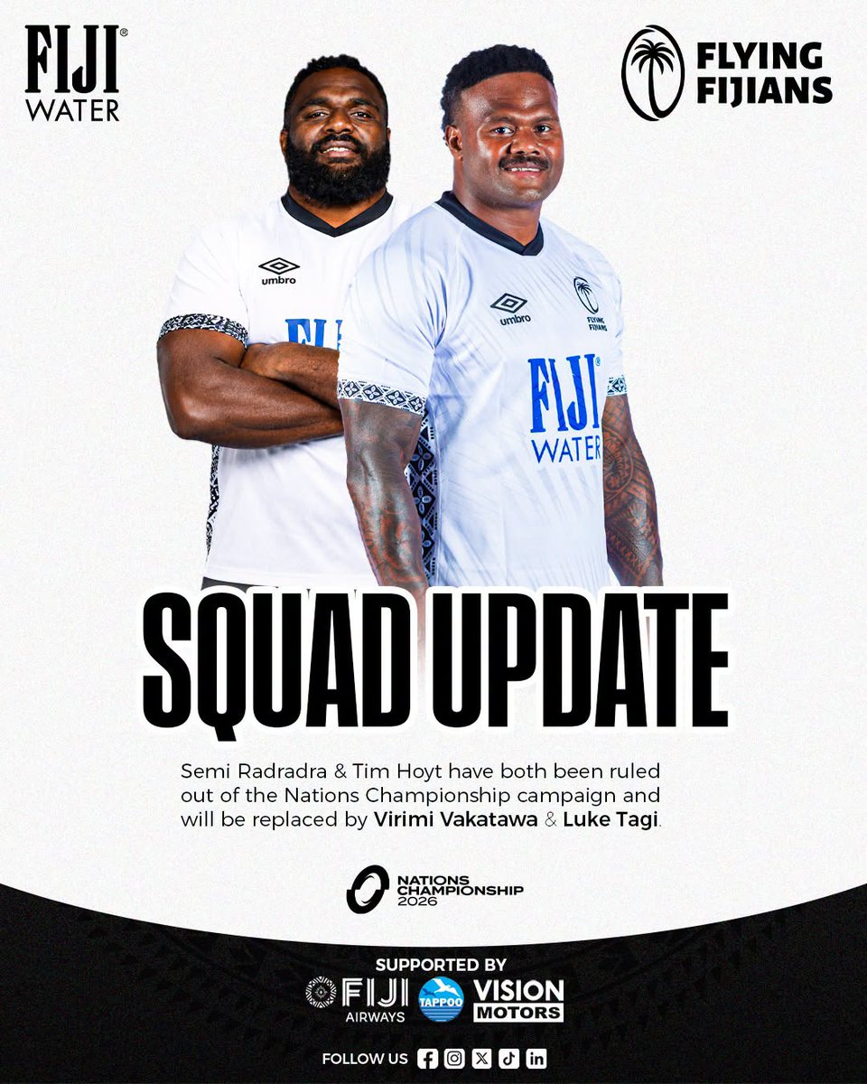 fijirugby's tweet photo. SQUAD UPDATE | FIJI Water Flying Fijians

Virimi Vakatawa and Luke Tagi have joined the FIJI Water Flying Fijians squad following injuries sustained by Semi Radradra and Tim Hoyt during the Test match against Wales, which have ruled them out of the remainder of the campaign.

We wish Radradra and Hoyt a full and speedy recovery and welcome Vakatawa and Tagi into camp as preparations continue.

#TosoViti #FijiRugby
#FlyingFijians #FIJIWater #fijiairways #Tappoo #visionmotors
