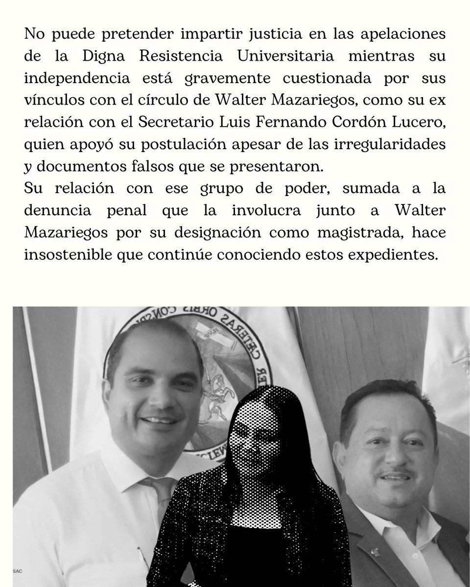 elpasillo_usac's tweet photo. ⚖️ La justicia pierde legitimidad cuando quien debe garantizar imparcialidad carga con serios cuestionamientos sobre su independencia.

Exigimos que Julia Rivera se inhiba de conocer las apelaciones de la Digna Resistencia Universitaria. https://t.co/cXL06UCOzp