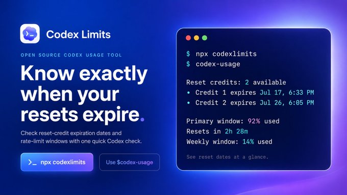 rxmphai's tweet photo. Tired of guessing when your Codex resets expire?

I made Codex Limits, an open-source tool that shows reset-credit expiration dates, rate-limit windows, and local Codex usage metadata.

Install:
npx codexlimits

https://t.co/qae2j79m6q https://t.co/0c7yNojPJ2