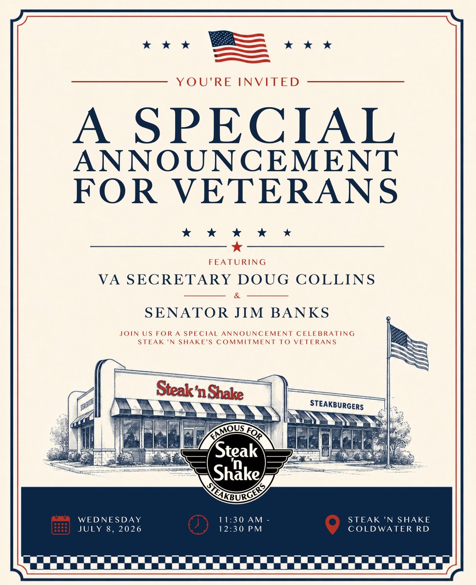 Veteransindiana's tweet photo. Join U.S. Secretary of Veterans Affairs Doug Collins and U.S. Senator Jim Banks in Fort Wayne for a special announcement.

11:30 AM at the Steak ‘n Shake, 5303 Coldwater Road.

Space is limited, please RSVP at this link:
https://t.co/RtkznM76ck https://t.co/MczIII3dun