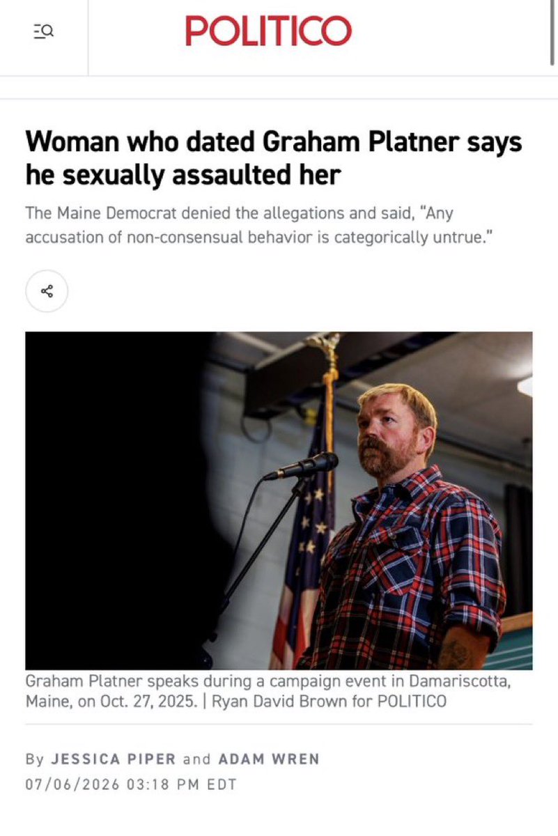 CaliMAGABarbie's tweet photo. 🚨 BREAKING: POLITICO. Credible sexual assault allegations hit Graham Platner.
What happened, Democrats? You always said “Believe All Women.” Is that only when it’s against Republicans?!
Time for the Democrats to play by their own rules. Time for their token Nazi to drop out of the Maine Senate race.
Trump called it. He said Platner is “worse than any human being who’s ever run for office.”
The victim says he forced himself on her in 2021 after entering her home uninvited while drunk. She repeatedly told him to stop. “This is no longer my choice.”
She has documents to back up her story.