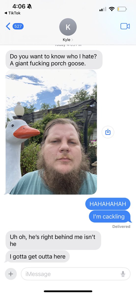 taylorrhudson's tweet photo. Mad that my husband went to see a giant fucking porch goose without me but I’m also cracking the fuck up https://t.co/vhecI8Lvm4