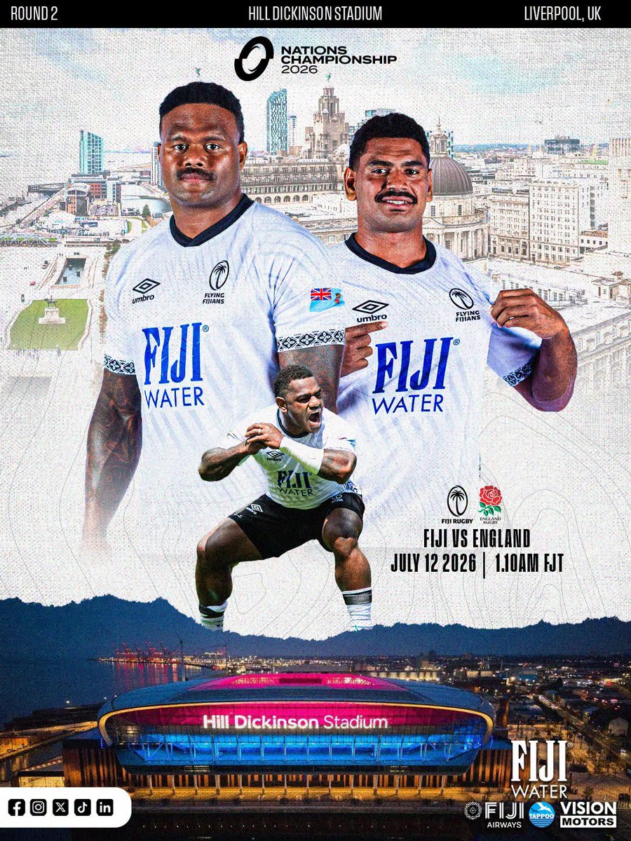fijirugby's tweet photo. Game Week |

Saturday 11th July | 📷 2.10PM
Hill Dickinson Stadium
https://t.co/eNEVTEZ7oy
LIVE on FBC Sports | 📷 1.10Am | Sunday 12th July

#FIJIWater #FlyingFijians #fijiairways #visionmotors #TappooFiji #NationsChampionship https://t.co/wep1VdupK4