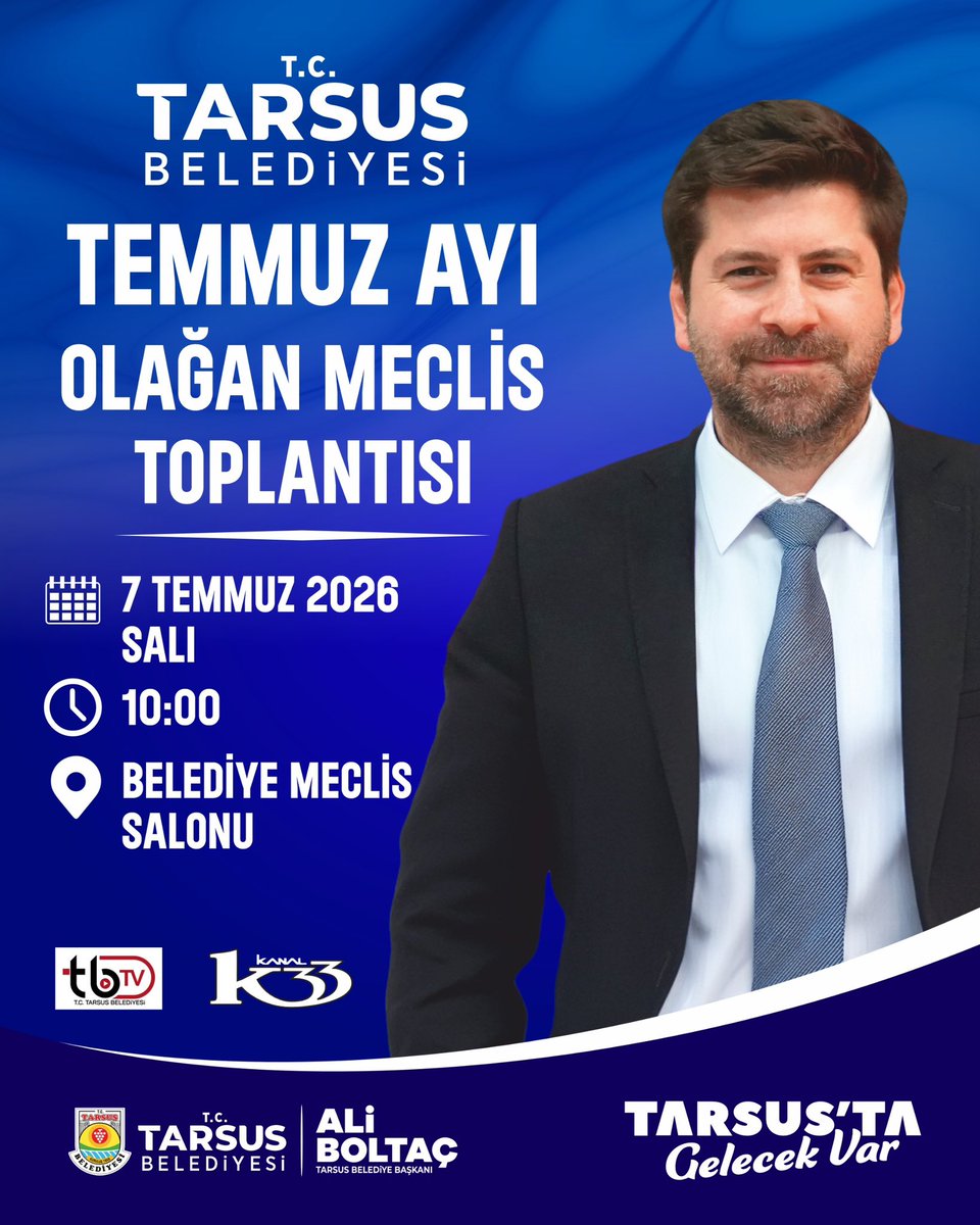 aliboltac's tweet photo. Temmuz Ayı Olağan Meclis Toplantısı 

🗓️ 07 Temmuz 2026 Salı
⏱️10.00
📍Belediye Meclis Salonu https://t.co/R4jkGdC7No