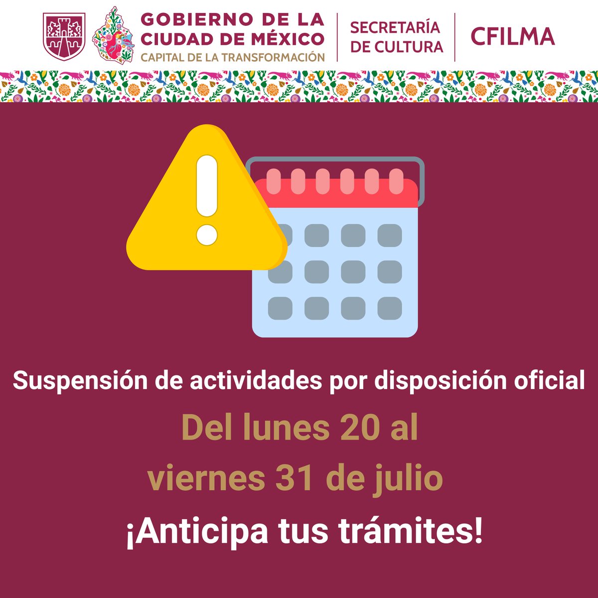 CFilmaCDMX's tweet photo. 🎙️ Aviso a toda la comunidad audiovisual de la CDMX: les recordamos que, por disposición oficial, la #CFILMA suspenderá sus actividades del lunes 20 al viernes 31 de julio del año en curso.
¡Anticipa tus trámites! 🎥
#EnCDMXsíCFILMA https://t.co/iadYh1Cn5S