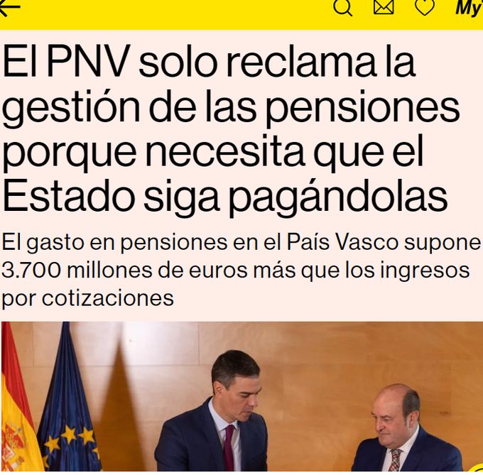 CCivicaCatalana's tweet photo. El País Vasco es uno de los territorios más envejecidos

Gasta 3700 millones más en pensiones que las cotizaciones que aportan los trabajadores vascos

Por eso el PNV quiere solo la semi-independencia: mangonear la caja pero que se la llene el resto de España

No tienen vergüenza https://t.co/YfSEncpsrg