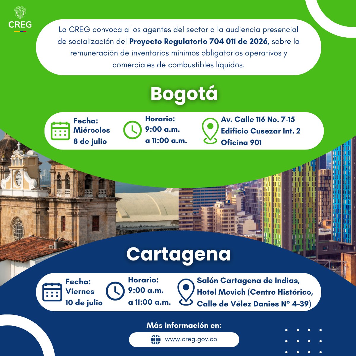 comisioncreg's tweet photo. La CREG lo invita a participar en las audiencias de socialización del Proyecto Regulatorio 704 011 de 2026 que se realizarán el 8 de julio en las instalaciones de la Comisión en Bogotá, y en Cartagena, el 10 de julio en el hotel Movich.
Inscríbase en: https://t.co/EMyRYqc6Ba https://t.co/6DZ50AWUAh