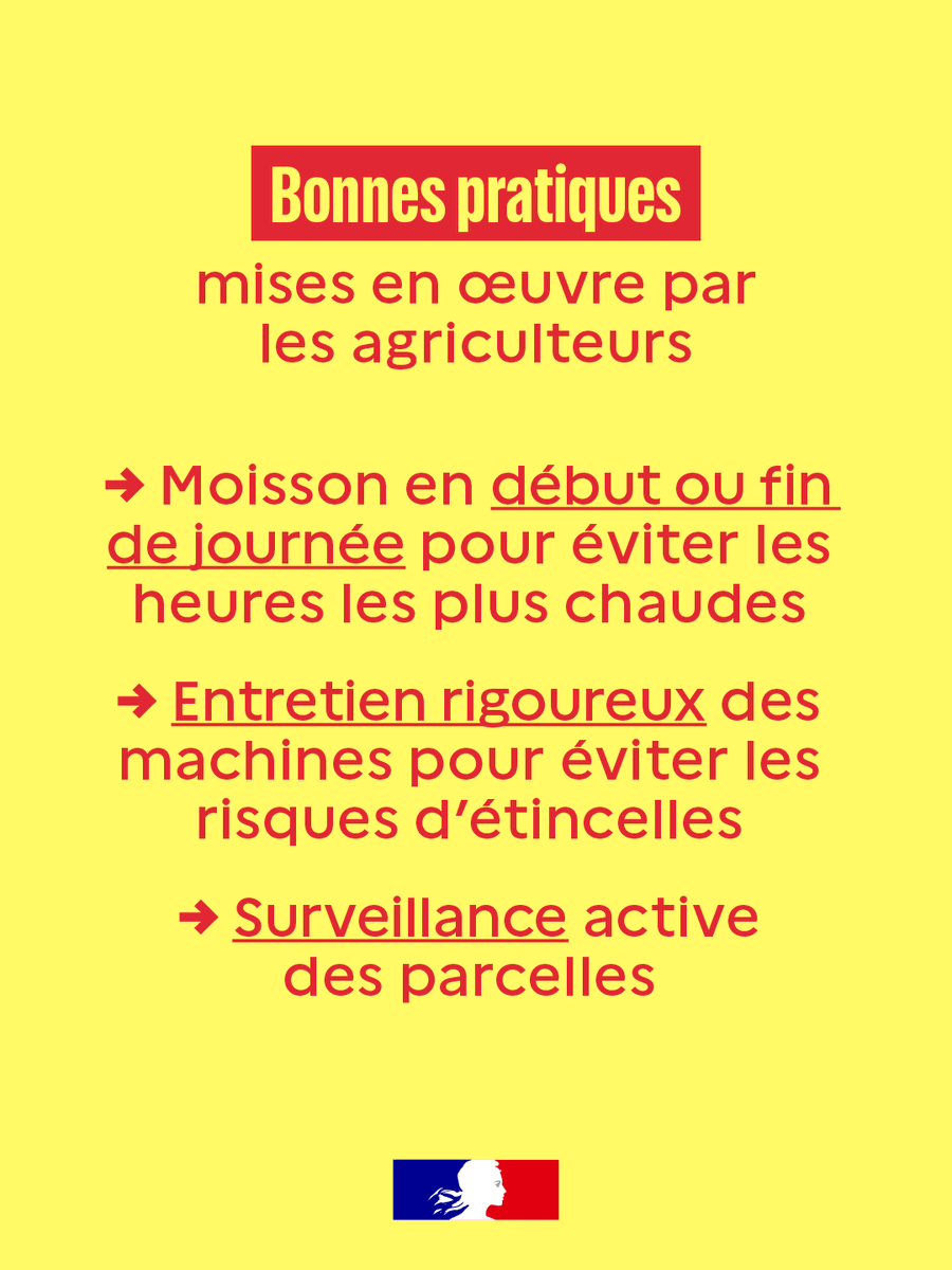 Prefet51's tweet photo. ⚠️ 🚜 Feux de récolte : Appel à la vigilance dans la #Marne

Face aux fortes chaleurs et aux sols très secs, la campagne de moisson se déroule dans des conditions à haut risque. La préfecture de la Marne et la @ChambreAgri51  appellent l'ensemble des agriculteurs à redoubler de prudence lors des travaux agricoles.

Pour sécuriser les chantiers et protéger les cultures, voici les réflexes essentiels à adopter :

🌾 Adapter les chantiers : 
- Évitez de récolter les blés entre 14 h et 18 h (période la plus chaude).
- Réalisez un déchaumage préventif autour des habitations et des zones boisées.
- Effectuez un détourage et un fractionnement sur les grandes parcelles pour casser la propagation.

🛠️ Check-list mécanique :
- Soufflez régulièrement les machines pour éliminer la paille et la poussière.
- Vérifiez l'état et le graissage des organes en mouvement.
- Gardez toujours un tracteur avec outil de déchaumage et une tonne à eau opérationnelle à proximité.

🚨 En cas de départ de feu : l'ordre des priorités
1. Stopper et évacuer immédiatement la machine.
2. Alerter le 18 ou le 112 en donnant des coordonnées précises (GPS ou lieu-dit).
3. Maîtriser le foyer initial à l'aide de l'extincteur (si la situation le permet et sans prendre de risques).
4. Tracer un pare-feu en déchaumant autour de la zone pour stopper l'évolution en attendant le @SDIS51.

🤝 La préfecture et la Chambre d'agriculture remercient les professionnels du monde agricole pour leur engagement et leur prudence face à ce risque majeur.