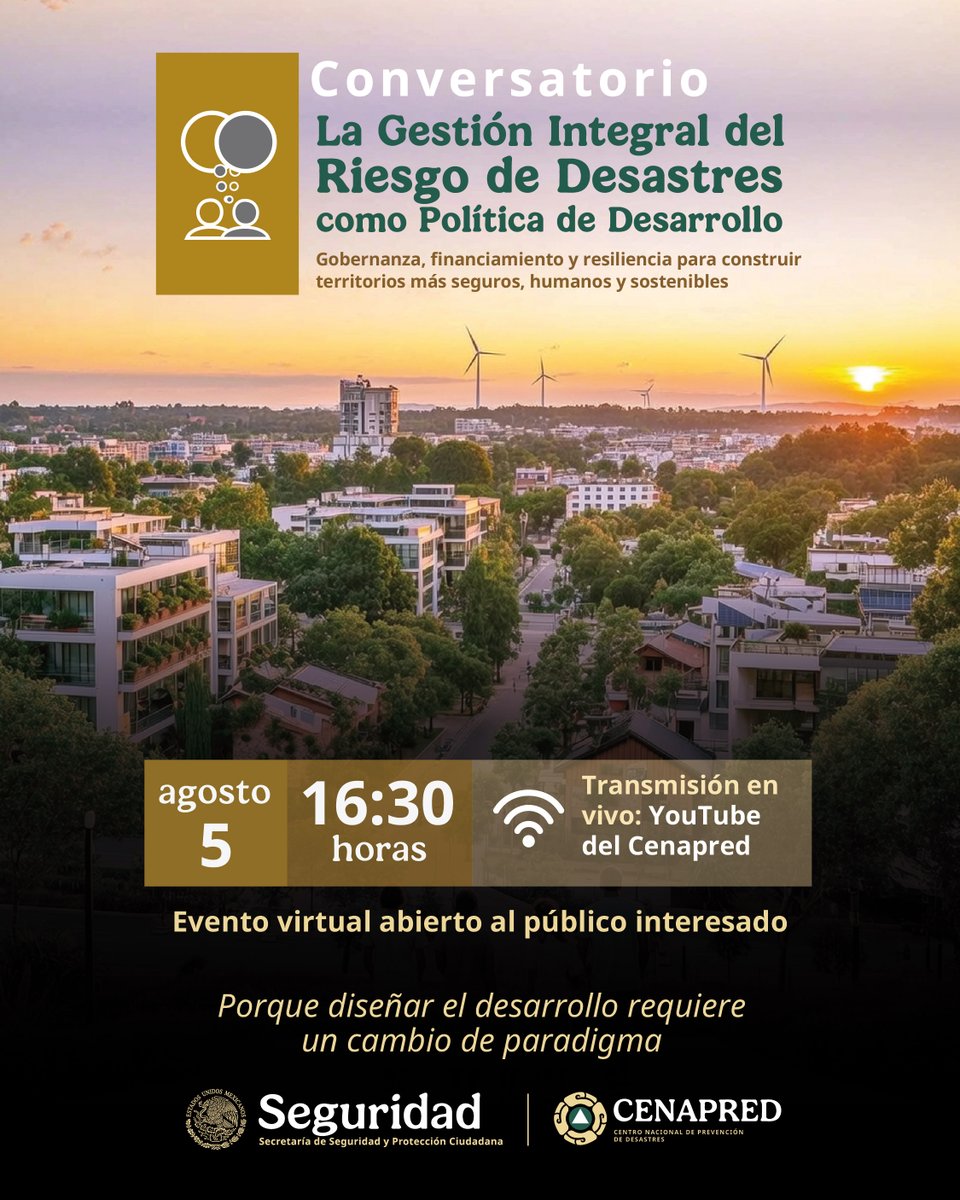 CenapredMexico's tweet photo. 👩⚖️ Acompáñanos en este conversatorio para reflexionar sobre el papel de la #GIRD como eje que articula la planeación y ejecución de las políticas orientadas al desarrollo 🍃 sostenible.
🗓️ Consulta el programa en:
👉 https://t.co/VpBHL1RXU0
#GestiónIntegralDelRiesgo https://t.co/diNJZy3K4o
