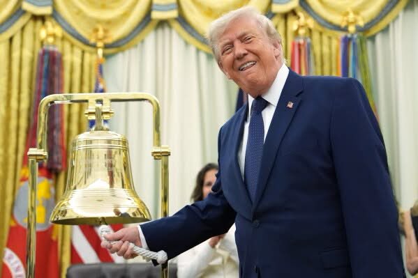 OccupyDemocrats's tweet photo. BREAKING: Trump rings the Wall Street bell from the Oval Office — then declares he's STEALING it for his ballroom, "they're gonna have to fight like hell to get it back."

Donald Trump just became the first president to ring the New York Stock Exchange's opening bell from the Oval Office — and immediately announced he was STEALING the historic relic for his gilded ballroom.

"I'm not giving it back," the 80-year-old billionaire declared Monday, after ringing the ceremonial bell surrounded by a group of children.

He wasn't done. At a Rose Garden lunch later — with guests including MAGA rapper Nicki Minaj, whom Trump creepily described as "so hot and so great" — he doubled down while gazing at the bell.

"There's the bell right there. It's so beautiful, I'm not giving it back," Trump beamed. "I don't know if it's supposed to go back, but they're gonna have to fight like hell to get it back."

Whether he's joking is genuinely unclear — because this is a PATTERN. Trump has repeatedly eyed prized keepsakes that don't belong to him. When an Olympic gold medalist draped his medal around Trump's neck in Wisconsin, Trump said, "I'm keeping it. I'm never giving this back." When FIFA brought the solid-gold World Cup trophy to the Oval Office, Trump asked to keep it — and the trophy is STILL sitting in the Oval Office, with Trump claiming FIFA said he could have it.

See something shiny, claim it as your own. It's practically a personal philosophy for the avaricious, pecuniary president.

And where would this "borrowed" bell go? Into the ever-expanding ballroom scandal. The project was announced at $200 million. By March, contractor Clark Construction told the White House it had ballooned to $600 MILLION — meaning taxpayers are on the hook, despite the White House repeatedly promising ZERO taxpayer dollars would be used.

"How many times did Trump say zero taxpayer dollars would go to his gilded ballroom?" said House Democratic Whip Katherine Clark. "He lied. Every time. But still not a dime to help lower costs for families."

Remember, this is the same ballroom that Trump admitted is really a "shield" for a multi-level military fortress being built beneath it — the one he raided $352 million in Secret Service funds to help pay for.

This is a president who thinks everything he touches — medals, trophies, historic bells, the White House itself — belongs to him.

That's not a real president. That's a man who confuses public trust with personal property.

Please like and share!