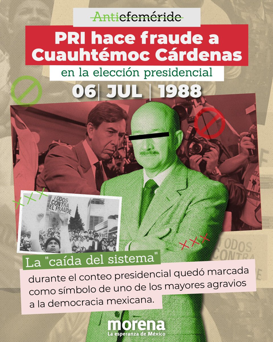 PartidoMorenaMx's tweet photo. ¡El pueblo no olvida!

La elección presidencial del 6 de julio de 1988 quedó marcada por la "caída del sistema" y las denuncias de fraude contra la candidatura de Cuauhtémoc Cárdenas.

La democracia que hoy defendemos nació de décadas de lucha. https://t.co/MonQJeqjQk