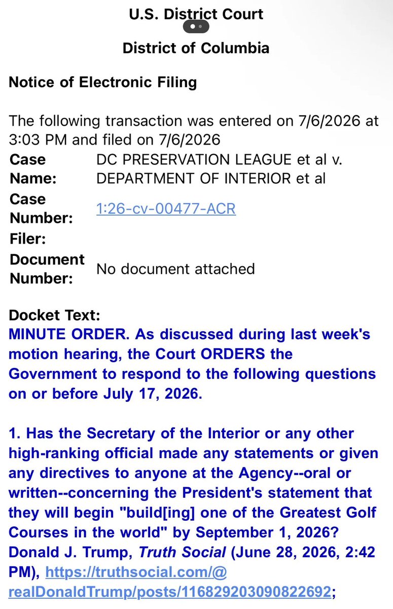 NormEisen's tweet photo. BREAKING: new order just out in our East Wing debris &amp; golf course dumping case. Judge has some tough questions for the Trump admin--&amp; wants a preservation protocol pending Court action

H/t cocounsel @DemocracyFwd &amp; Lowell &amp; Assoc. &amp; ofcourse my colleagues at @DDFund_ https://t.co/pq7J6bb5Fu