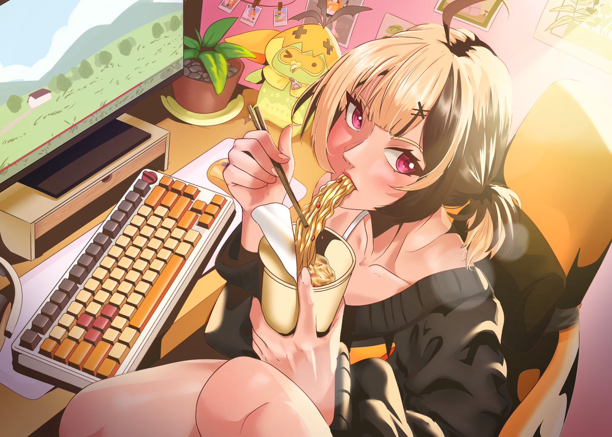 olenjiee's tweet photo. okayyyy, new fanart just dropped! 

lazy Sunday, a cup of noodles, and the PC enjoying the summer vibes ☀️🍜

#rkggk #hololive_EN #smallartist https://t.co/7h9vZauLFI