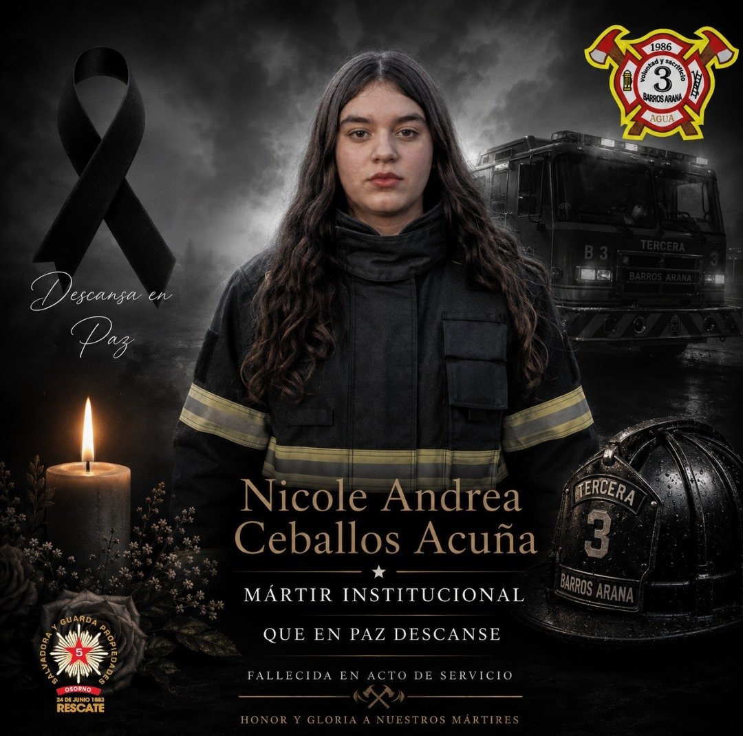 quintacbo's tweet photo. Con profundo dolor, la 5ta Compañía @BomberosOsorno se une al duelo que enluta a @BomberosdeChile tras la partida de la Voluntaria Nicole Ceballos Acuña (Q.E.P.D.), declarada Mártir Institucional luego de entregar su vida en acto de servicio en Teodoro Schmidt.
​
​Honor y Gloria. https://t.co/gMqqp57vXb