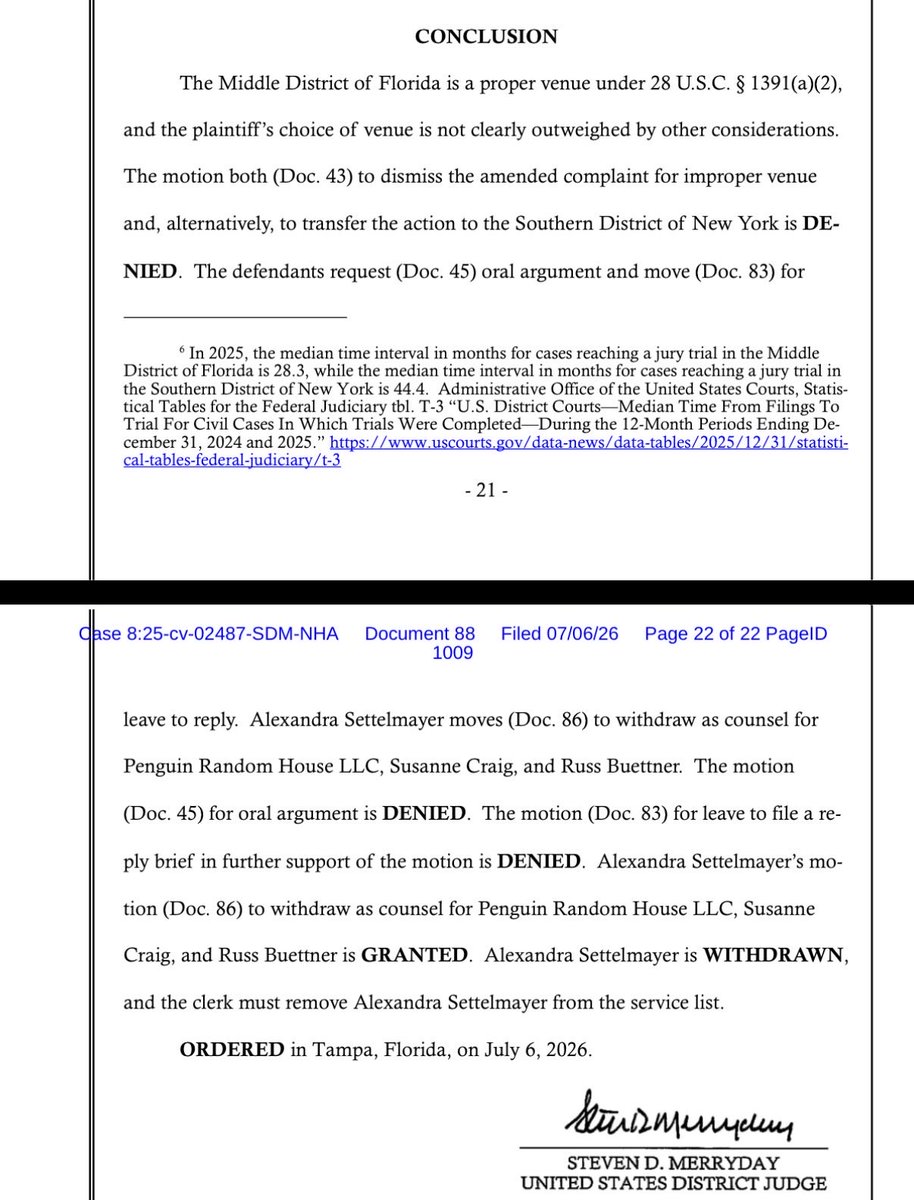 chrisgeidner's tweet photo. BREAKING: Judge refuses to dismiss Trump’s defamation lawsuit filed against the NYT and Penguin Random House on the grounds that the Middle District of Florida is improper venue. Judge Merryday (GWHB appointee) also denies the request to transfer the case to SDNY. https://t.co/KUhfd86YX6