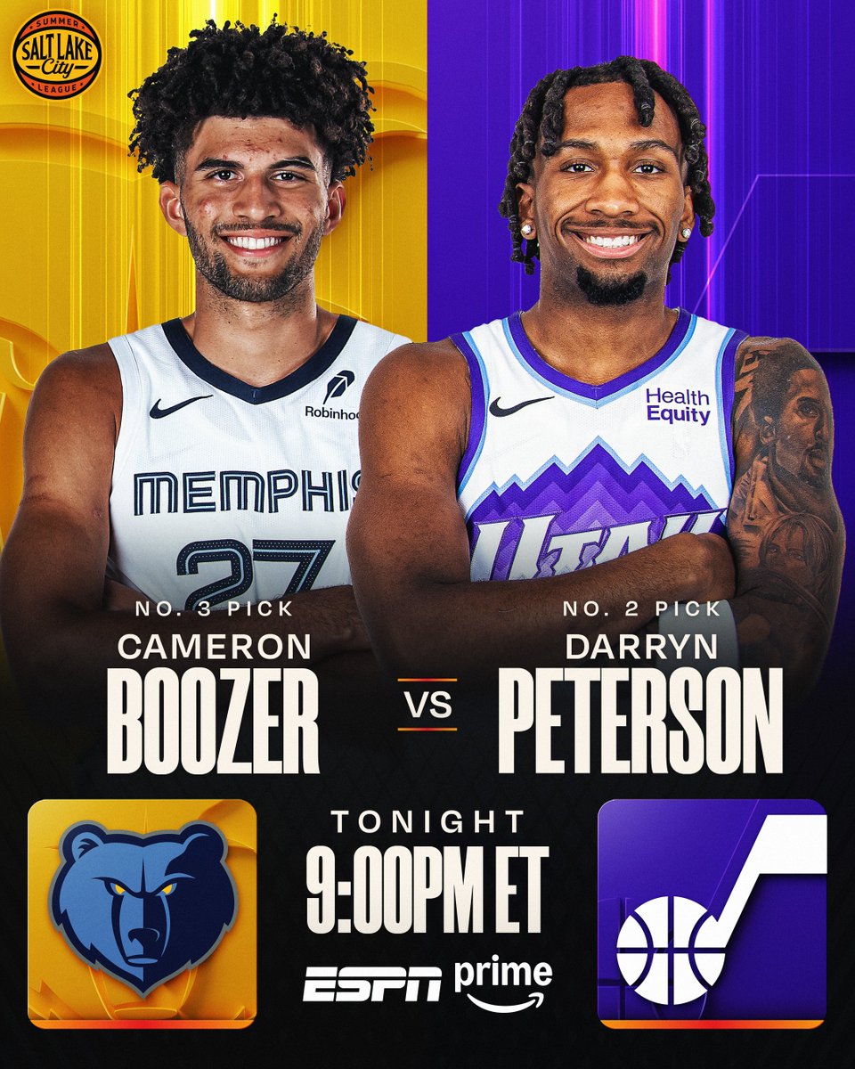NBA's tweet photo. Watch No. 3 pick Cameron Boozer (15 PTS, 4 REB, 4 AST in debut) and the Grizzlies take on No. 2 pick Darryn Peterson (28 PTS, 5 REB, 4 3PM in debut) and the Jazz tonight at 9:00pm/et 🔥

Salt Lake City Summer League on ESPN, Prime and NBA League Pass. https://t.co/W027VglQwj