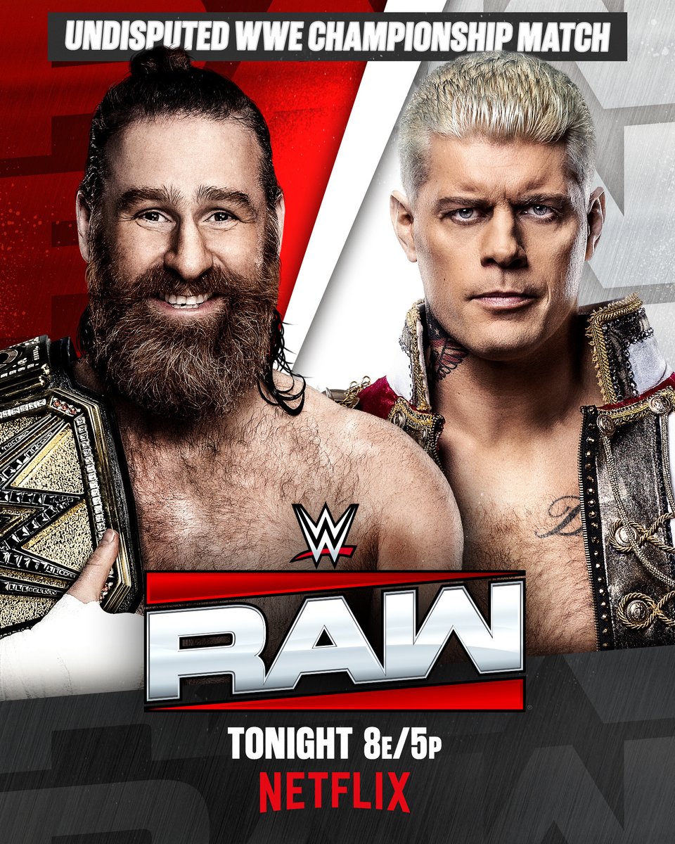 WWE's tweet photo. TONIGHT on #WWERaw, @SamiZayn defends the Undisputed WWE Title against @CodyRhodes! 🏆

🎟️: https://t.co/Dmm2JW3Pg0

📺 8 ET/5 PT on @netflix https://t.co/tHu6fh1UrL