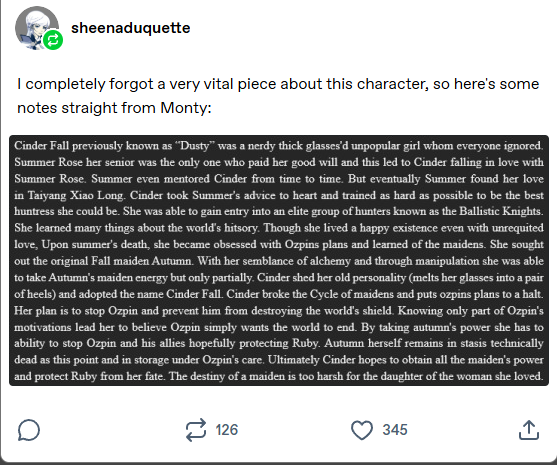 3DAnimationSL's tweet photo. Not liking rwby is fine, but when its done with the idea that Monty Oum was anti progressive/LGBT and would be enraged at there inclusion I just feel confused. His big break through ended in Master Chief x Samus Yuri.

Hell, look at his first idea for Cinder Falls backstory https://t.co/tgiRpMiwHS