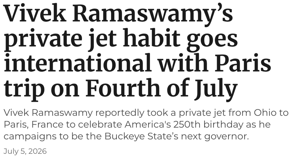 American_Bridge's tweet photo. While Americans struggled with rising costs and extreme heat this Fourth of July, Ramaswamy splurged on a private jet to Paris. Nothing says "America First" like jet-setting across the Atlantic while families stretch every dollar at home. #OHGov #OHpol https://t.co/8iV83jYZfa