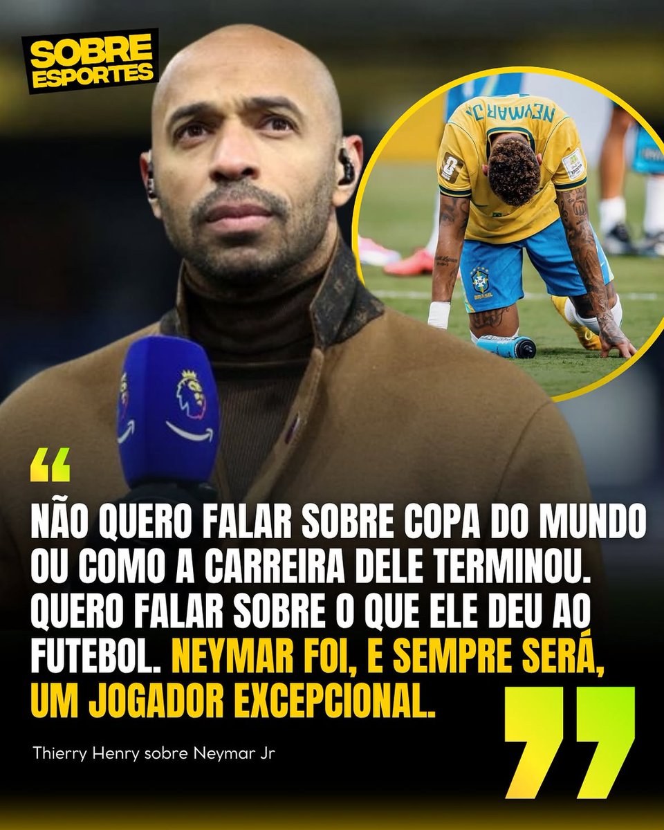 MachadoDarlon's tweet photo. 🤩🙏/ Thierry Henry, um dos maiores atacantes da história do futebol francês, se emocionou bastante ao falar do Neymar pós eliminação do Brasil: “Eu teria pago dinheiro só para assisti-lo jogar. Ele fez todo mundo se apaixonar pelo futebol. Toda criança queria ser o Neymar. Não quero falar sobre a Copa do Mundo ou como a carreira dele terminou. Quero falar sobre o que ele deu ao futebol. Neymar foi, e sempre será, um jogador excepcional. Obrigado por tudo o que você nos deu.” 👏👏