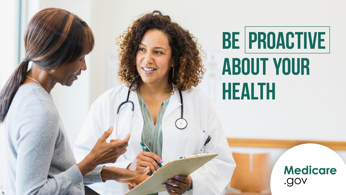 MedicareGov's tweet photo. Be proactive about your health with your yearly Wellness visit! You can have a conversation with your doctor and create a roadmap for your year in wellness. Discuss family and medical history, plan a screening schedule, and more. https://t.co/FgDcJ4J2vD https://t.co/tDaIIA3K6K