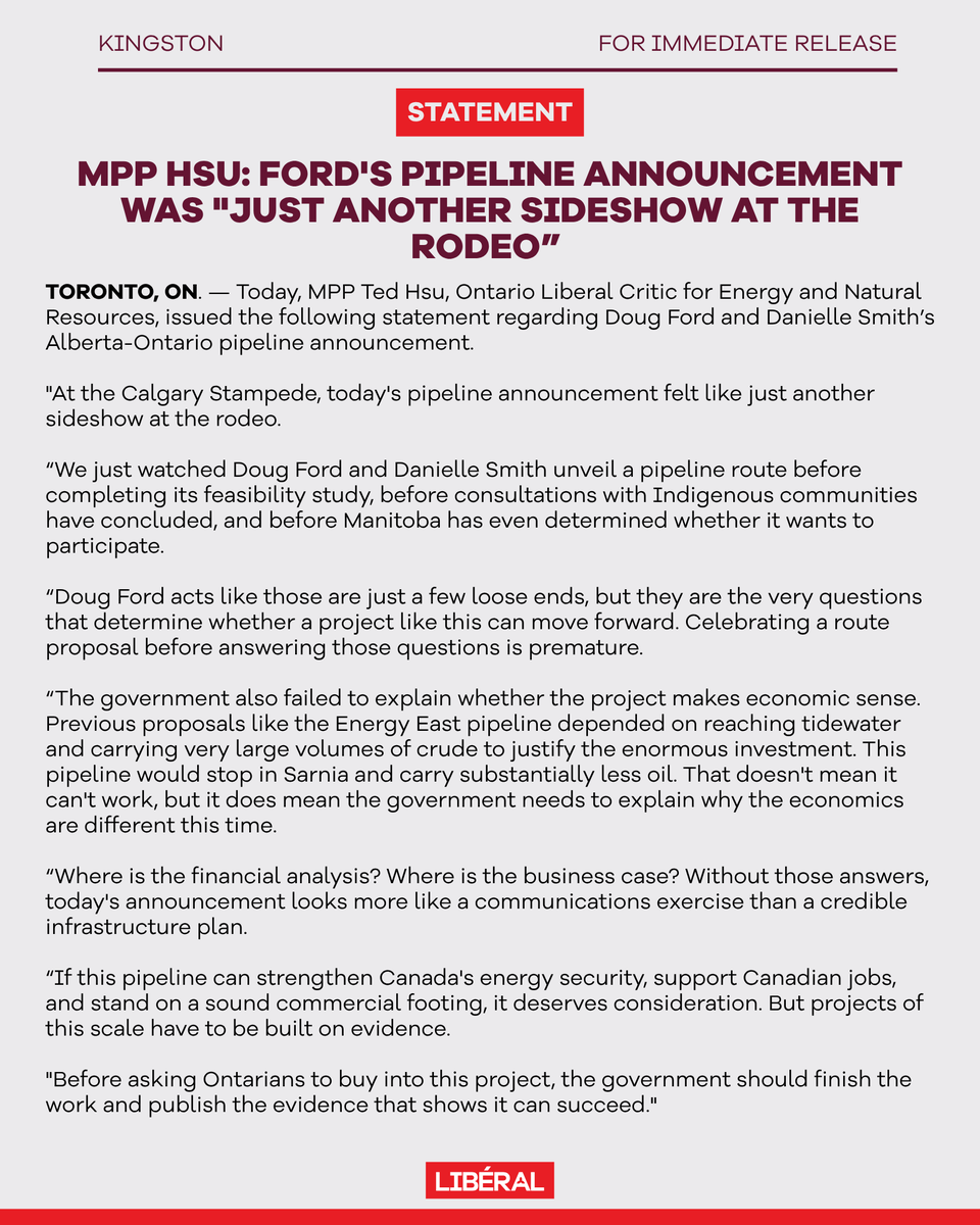 OntLiberal's tweet photo. Today, Doug Ford announced a pipeline route before finishing the feasibility study, before Indigenous consultations were complete, and before Manitoba is even on board.

A pipeline plan with no financial analysis, business case, or clear path forward is just a pipe dream.

#onpoli