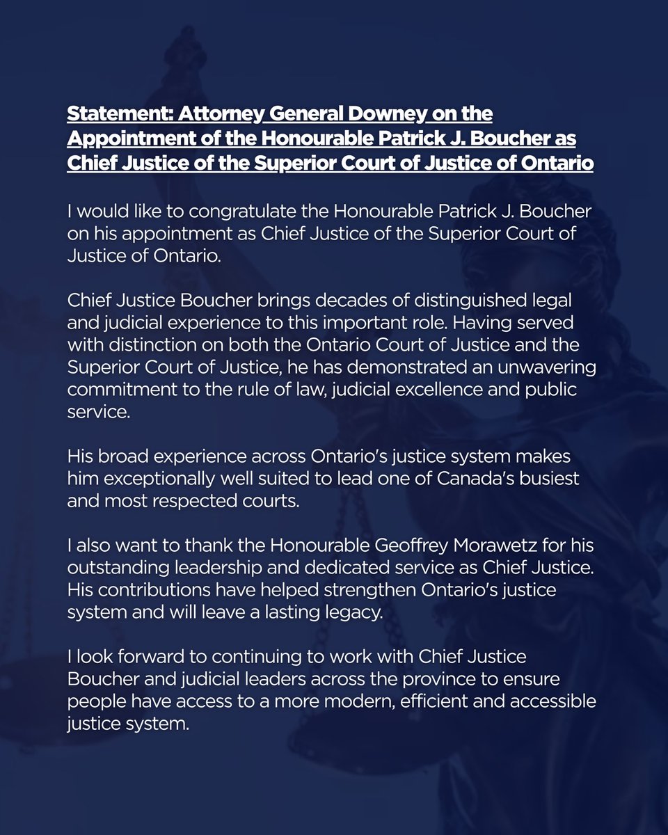 douglasdowney's tweet photo. Please read my statement and congratulations on the appointment of the Honourable Patrick J. Boucher as Chief Justice of the Superior Court of Justice of Ontario.

🔗: https://t.co/MPlfwusqcd https://t.co/6wrAJKbwKi